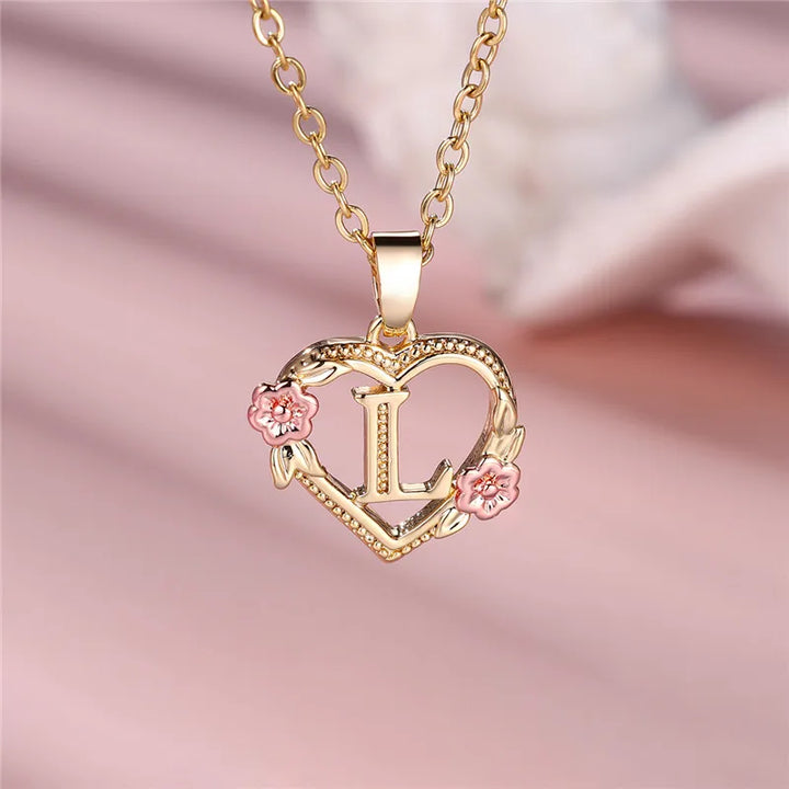 Women's Necklace with Flower Heart Pendant with Letter A-Z