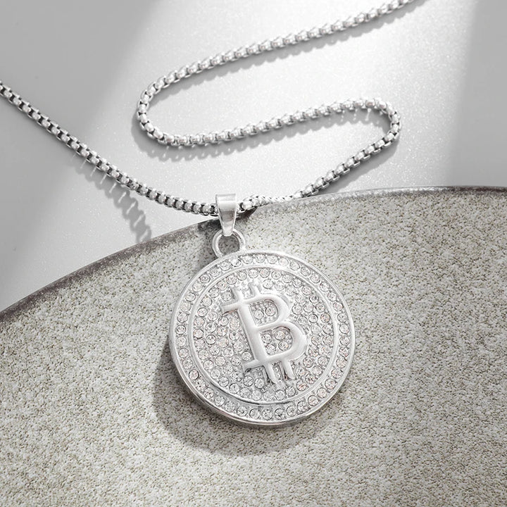 Bitcoin Pendant Necklace with Rhinestones Unisex