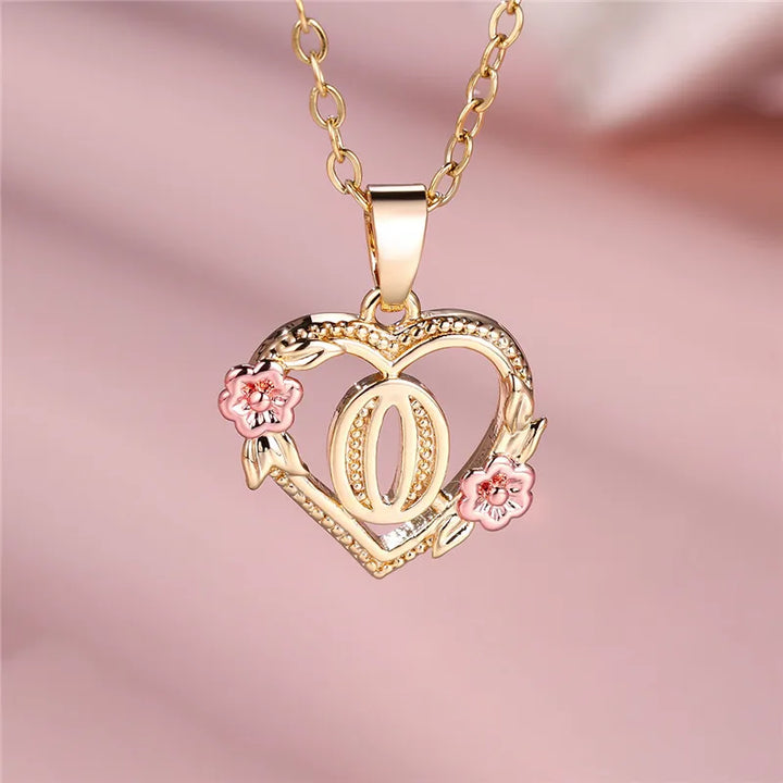 Women's Necklace with Flower Heart Pendant with Letter A-Z