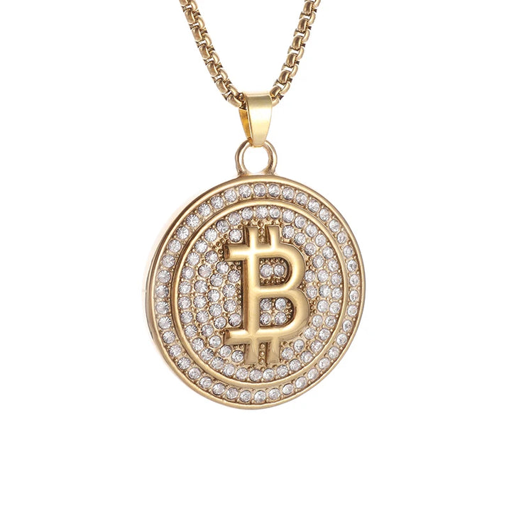 Bitcoin Pendant Necklace with Rhinestones Unisex