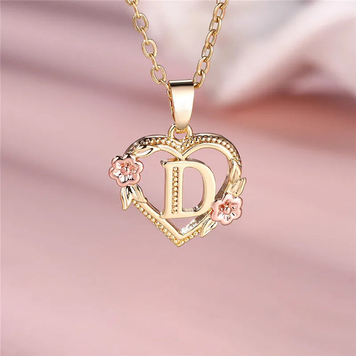 Women's Necklace with Flower Heart Pendant with Letter A-Z