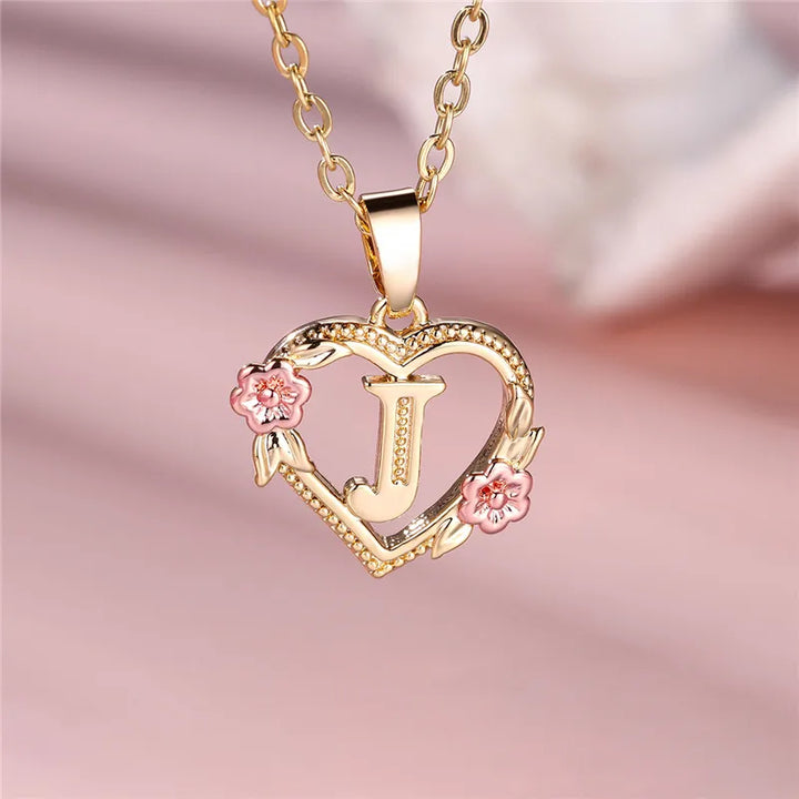 Women's Necklace with Flower Heart Pendant with Letter A-Z