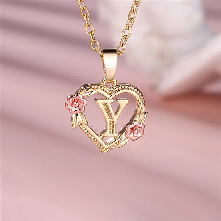 Women's Necklace with Flower Heart Pendant with Letter A-Z