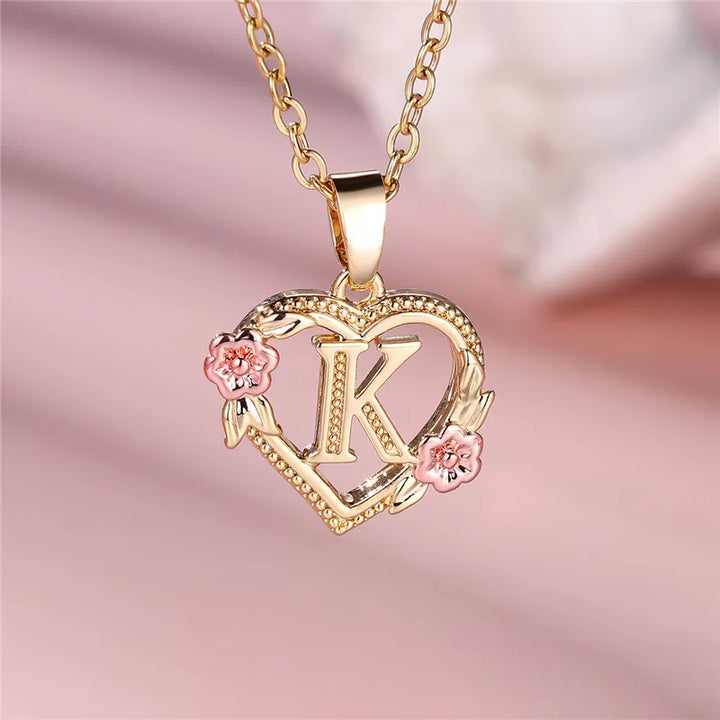 Women's Necklace with Flower Heart Pendant with Letter A-Z