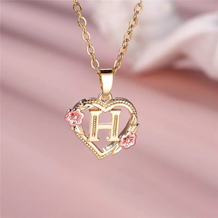 Women's Necklace with Flower Heart Pendant with Letter A-Z