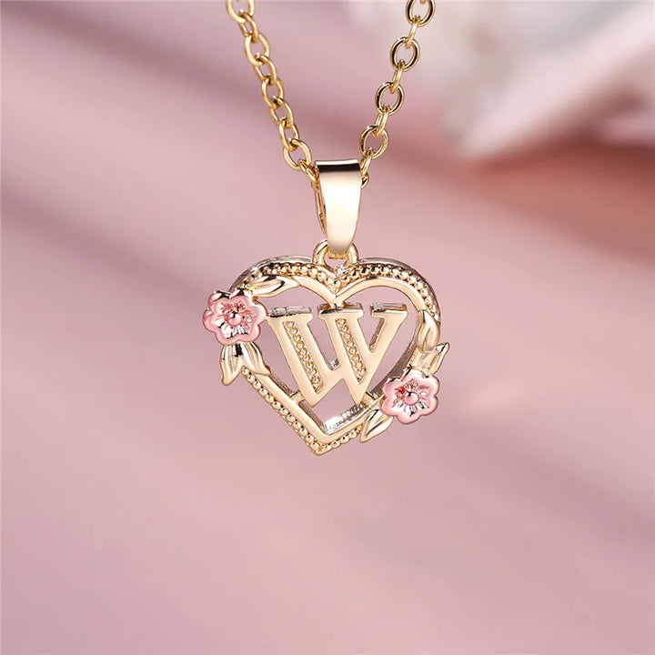 Women's Necklace with Flower Heart Pendant with Letter A-Z