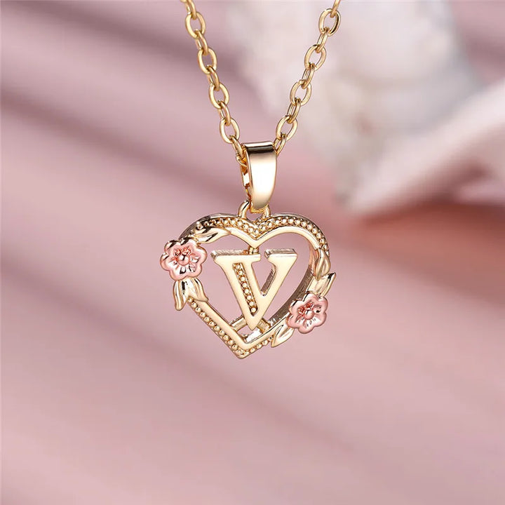 Women's Necklace with Flower Heart Pendant with Letter A-Z