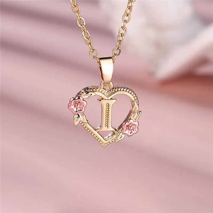 Women's Necklace with Flower Heart Pendant with Letter A-Z