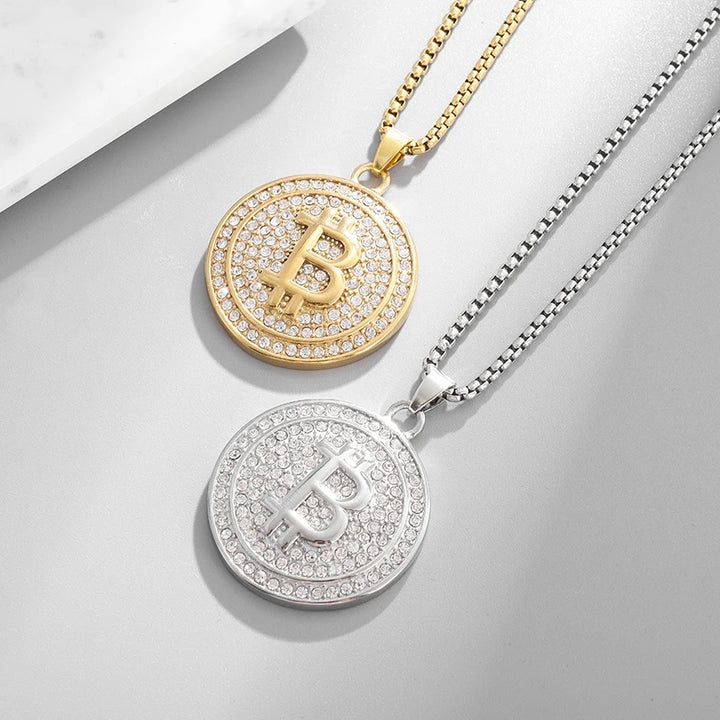 Bitcoin Pendant Necklace with Rhinestones Unisex