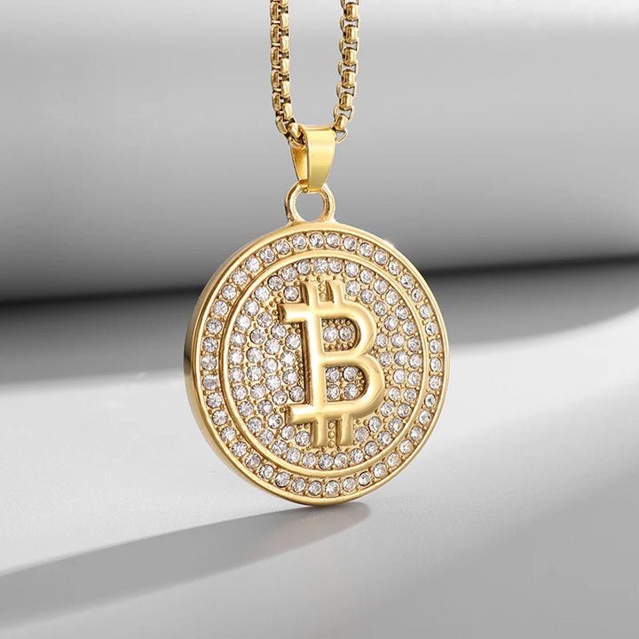 Bitcoin Pendant Necklace with Rhinestones Unisex