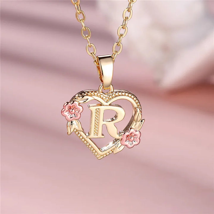 Women's Necklace with Flower Heart Pendant with Letter A-Z