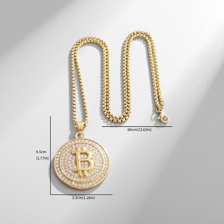 Bitcoin Pendant Necklace with Rhinestones Unisex