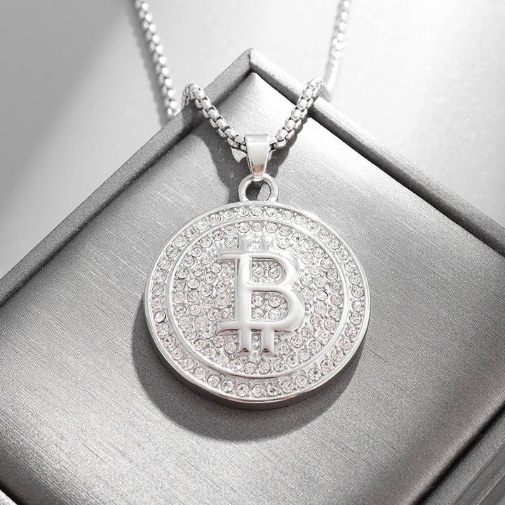 Bitcoin Pendant Necklace with Rhinestones Unisex