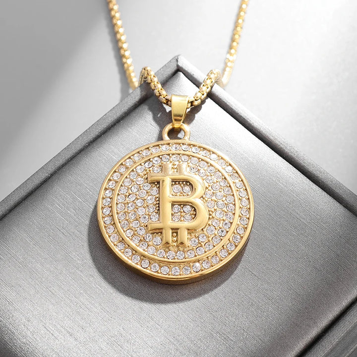 Bitcoin Pendant Necklace with Rhinestones Unisex