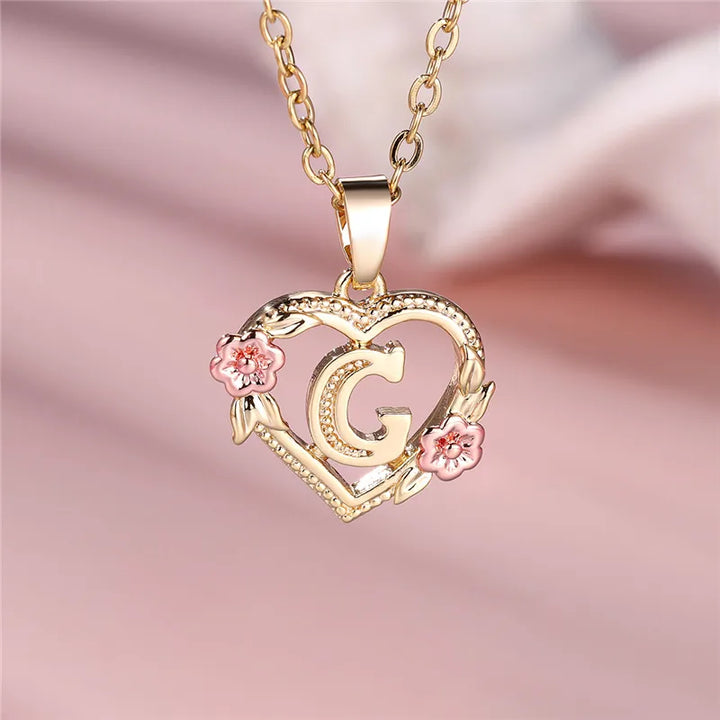 Women's Necklace with Flower Heart Pendant with Letter A-Z