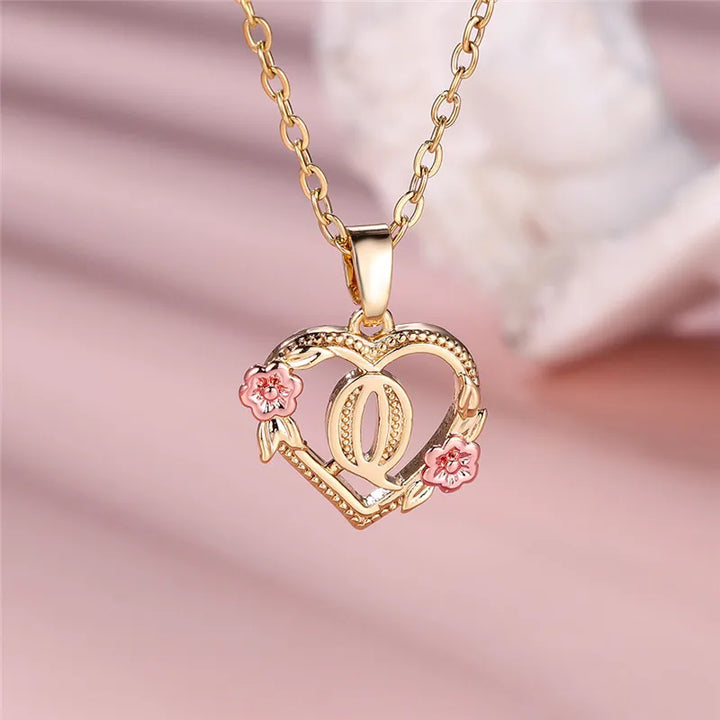 Women's Necklace with Flower Heart Pendant with Letter A-Z