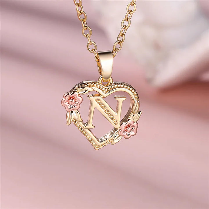 Women's Necklace with Flower Heart Pendant with Letter A-Z