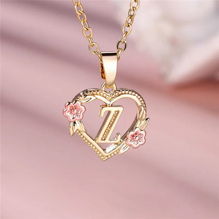 Women's Necklace with Flower Heart Pendant with Letter A-Z