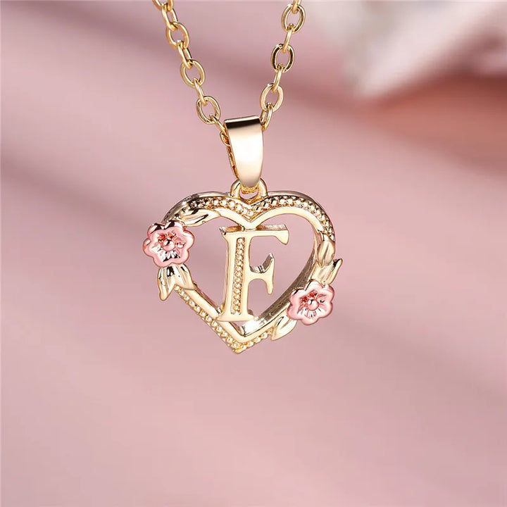 Women's Necklace with Flower Heart Pendant with Letter A-Z