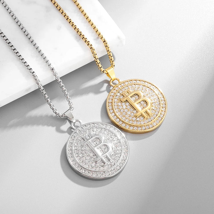 Bitcoin Pendant Necklace with Rhinestones Unisex