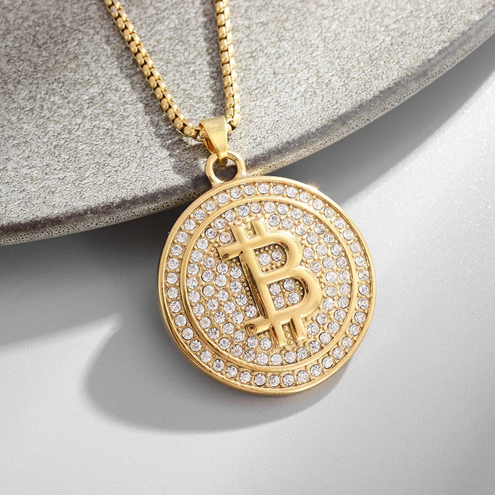 Bitcoin Pendant Necklace with Rhinestones Unisex