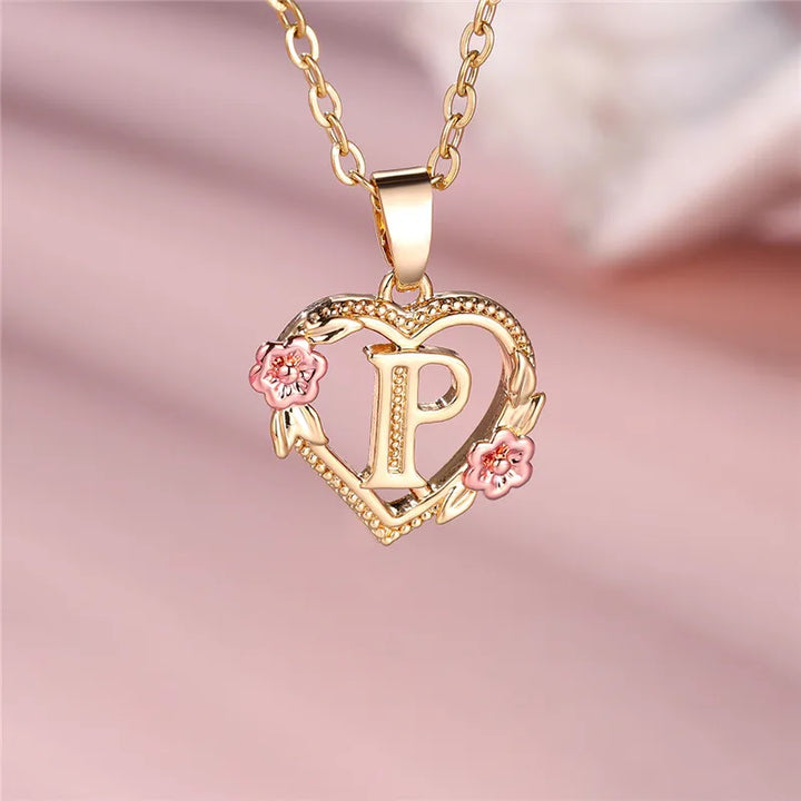 Women's Necklace with Flower Heart Pendant with Letter A-Z