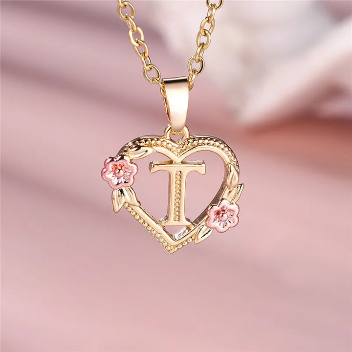 Women's Necklace with Flower Heart Pendant with Letter A-Z