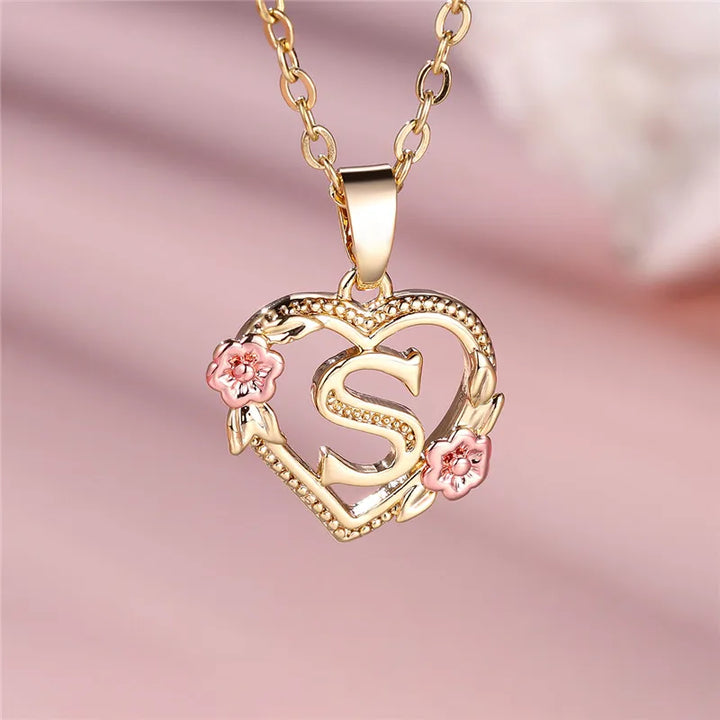 Women's Necklace with Flower Heart Pendant with Letter A-Z