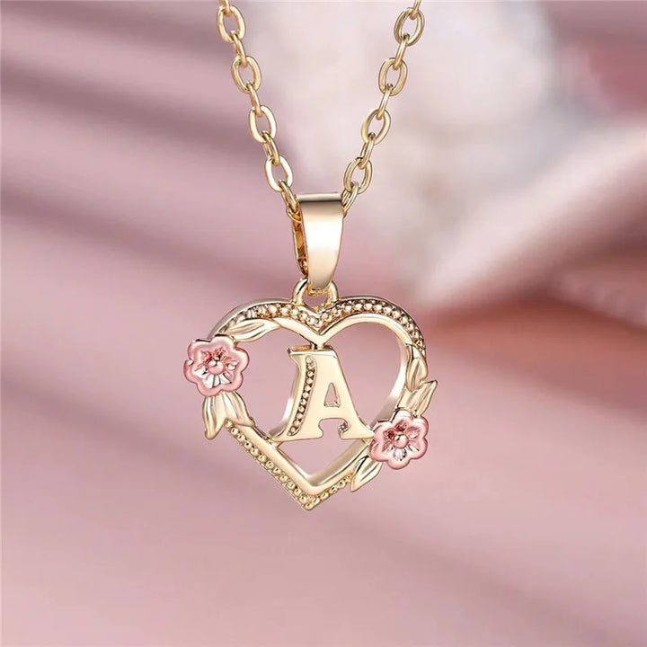 Women's Necklace with Flower Heart Pendant with Letter A-Z