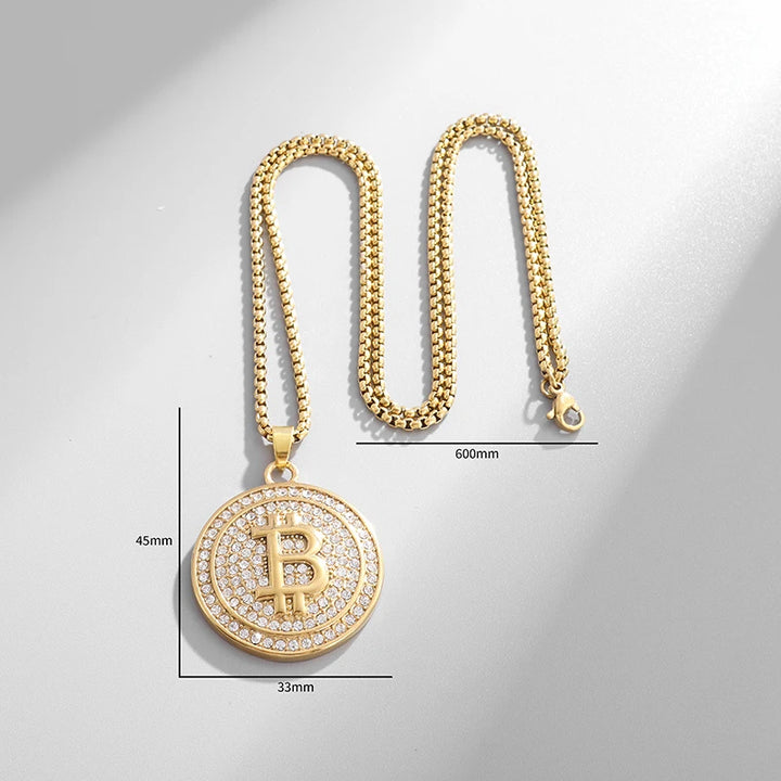 Bitcoin Pendant Necklace with Rhinestones Unisex